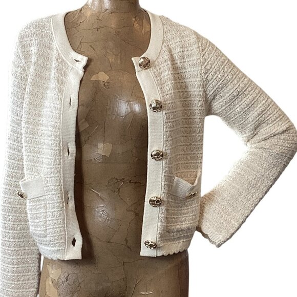 Jessica Simpson Cream & Gold Cropped Lady Cardigan Sz M #325C - Picture 4 of 10